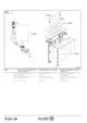 Montageeinheit für 4-Loch Armaturen von Kludi, bestehend aus verschiedenen Bauteilen wie Montageschablone, Schrauben und Rückstausicherung, angeordnet in einem schematischen Diagramm.